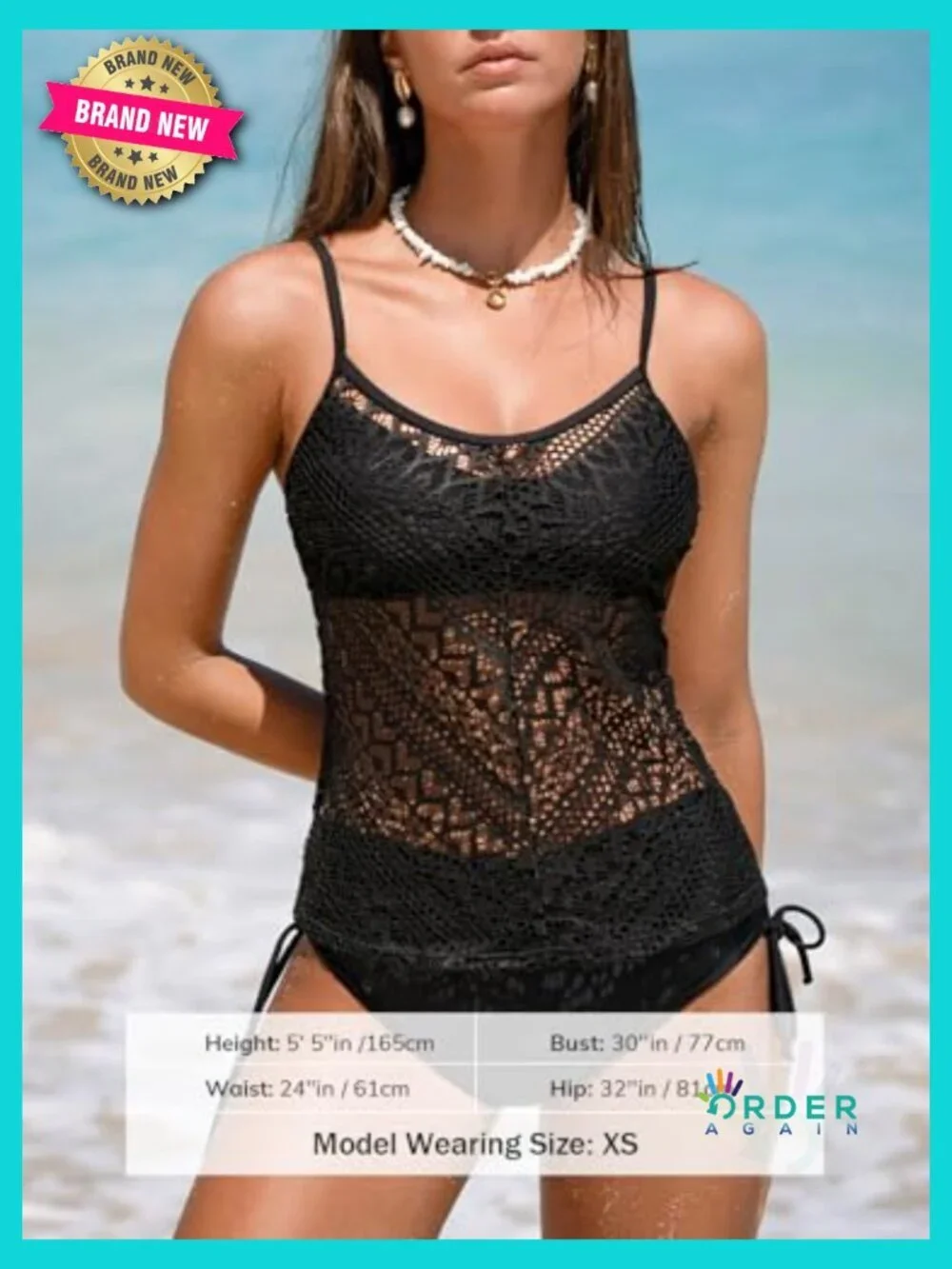 Tankini Set V Neck Mesh Two Piece Adjustable Straps Side Tie